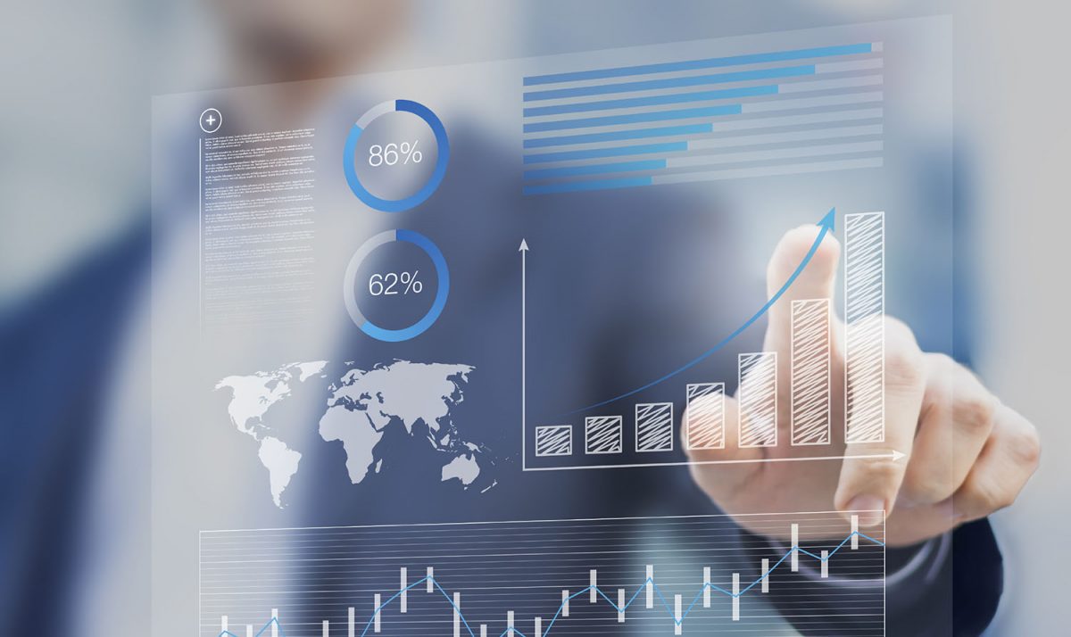 Businessman touching financial dashboard with key performance in